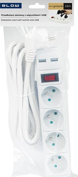Продолжен приклучок Blow 98-783, 4x 230V, 2x USB, со заземјување и прекинувач, 1.5m, бела