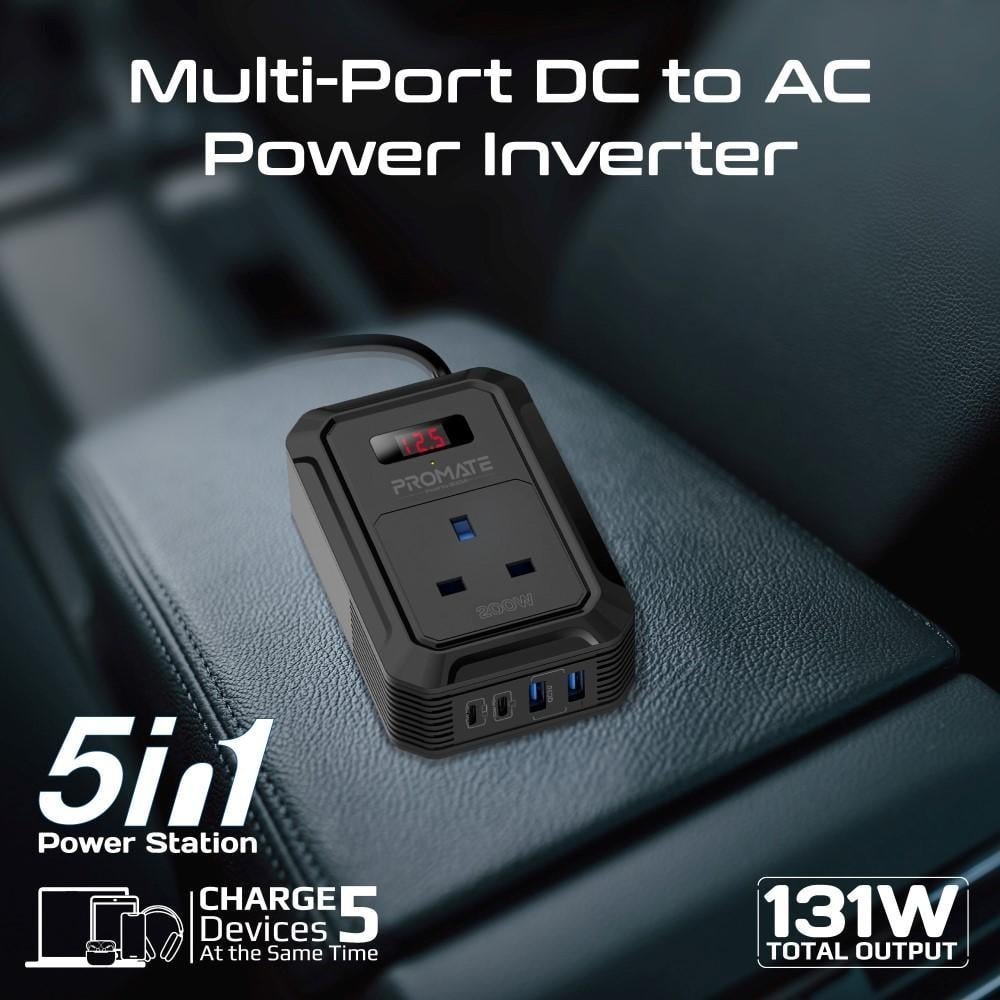 Инвертер за автомобил Promate Inverto 200W, излез AC 12V, USB C PD 65W, црн