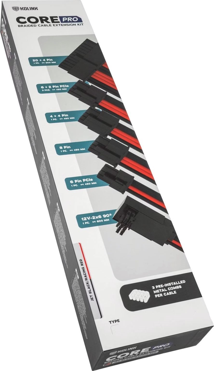 Set zgjatës kabllosh Kolink Core Pro 12VHWPR Type 2, braided, Jet Black Racing Red
