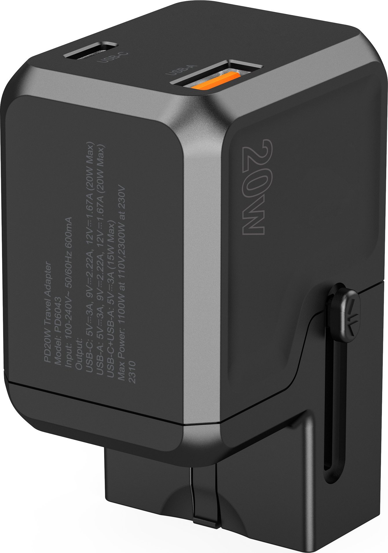 Karikues udhëtimi Choetech PD6043, 20W GaN, USB C dhe USB A, i zi