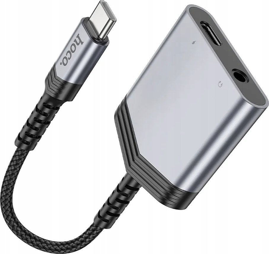 Adapter audio Hoco LS39, USB C në USB C dhe 3.5 mm, 27W, gri