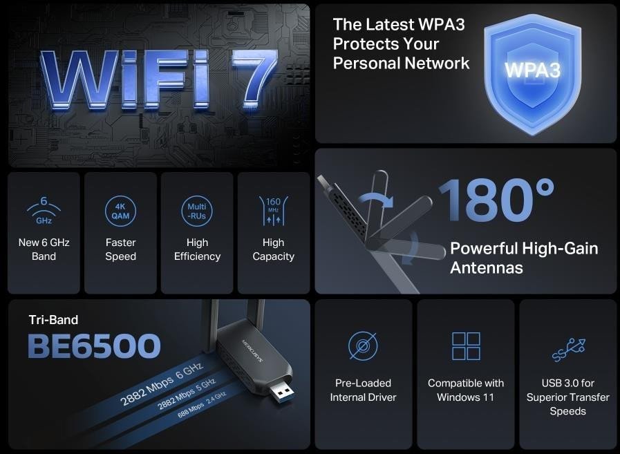 Adapter USB WiFi MERCUSYS MA37BEH, WiFi 7, AC1300, USB 3.0