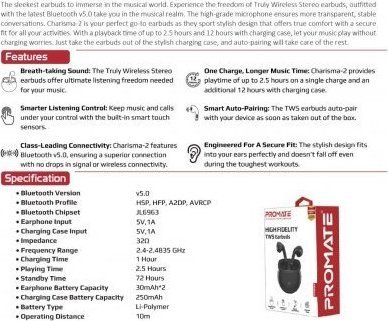 Kufje TWS Promate Charisma 2, Bluetooth 5.0, deri 12 orë, të zeza