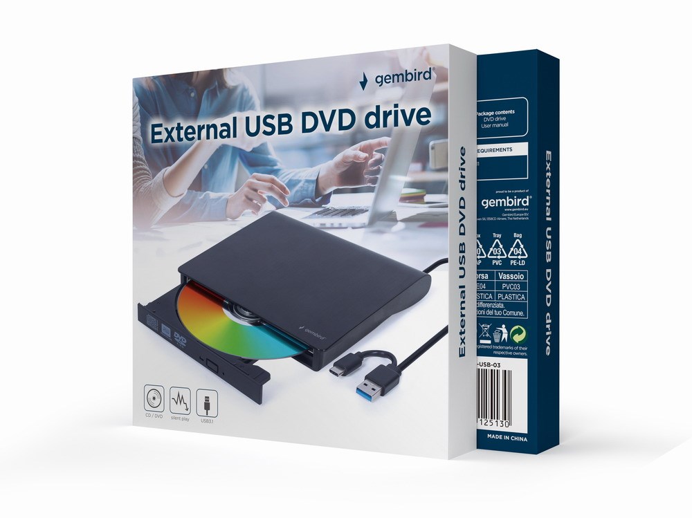 Disk optik i jashtëm Gembird DVD-USB-03, USB 3.1, 24x CD/8x DVD, i zi