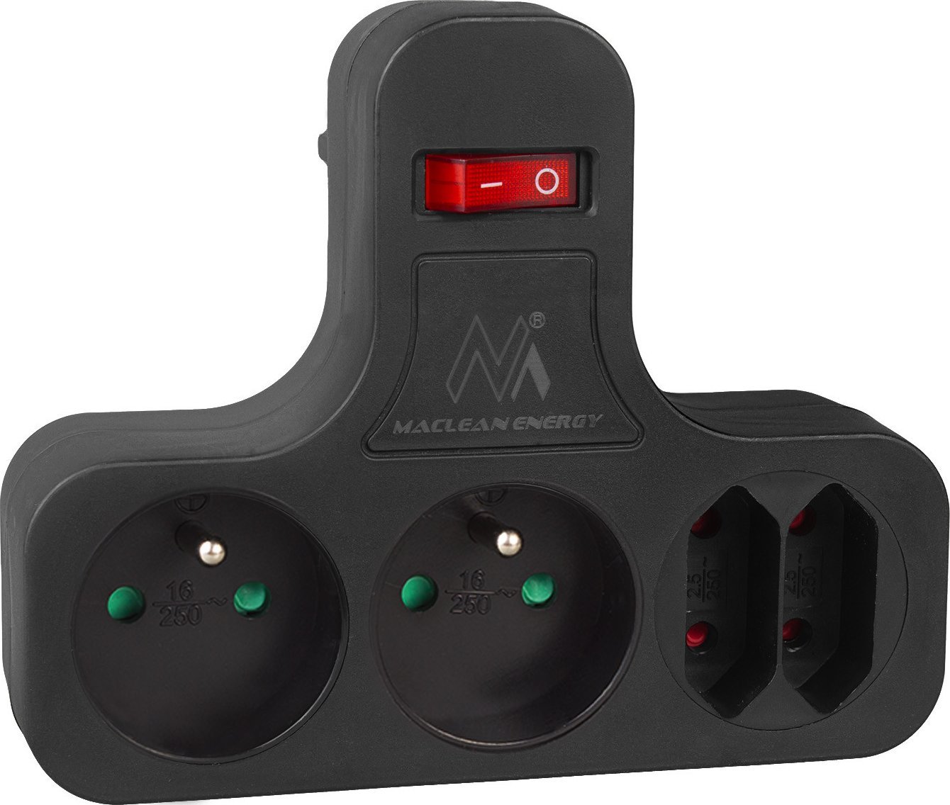 Prizë shumëfishe Maclean MCE224 E/B, 4 dalje, çelës ON/OFF, e zezë