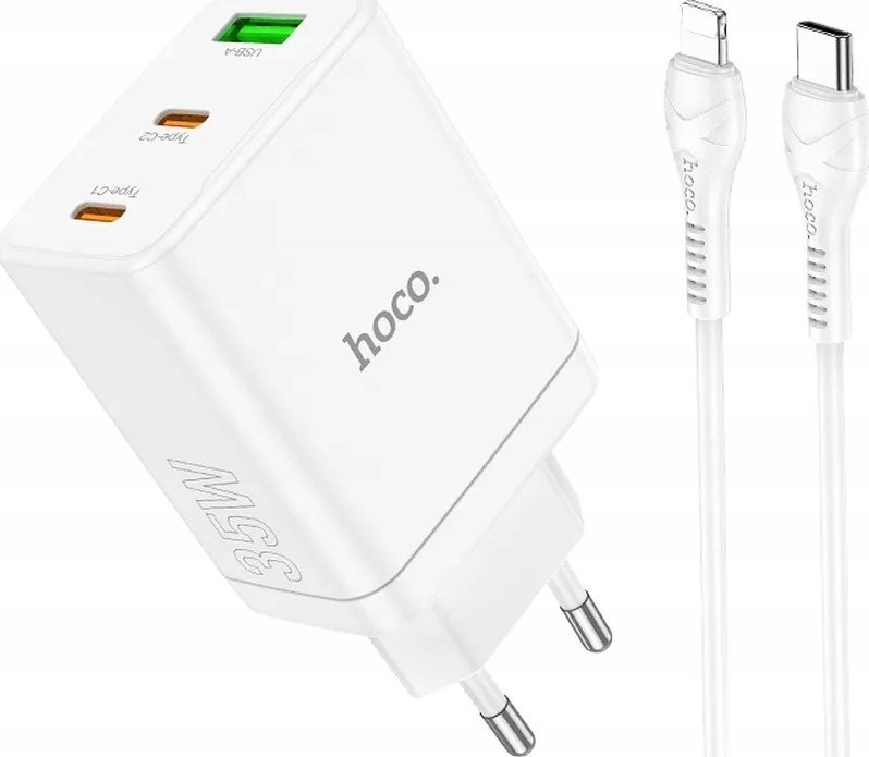 Karikues muri Hoco Mains Charger, 2x Type C, USB A, PD QC 3.0, me kabllo USB C në Lightning, i bardhë