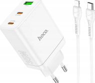 Karikues muri Hoco Mains Charger, 2x Type C, USB A, PD QC 3.0, me kabllo USB C në Lightning, i bardhë