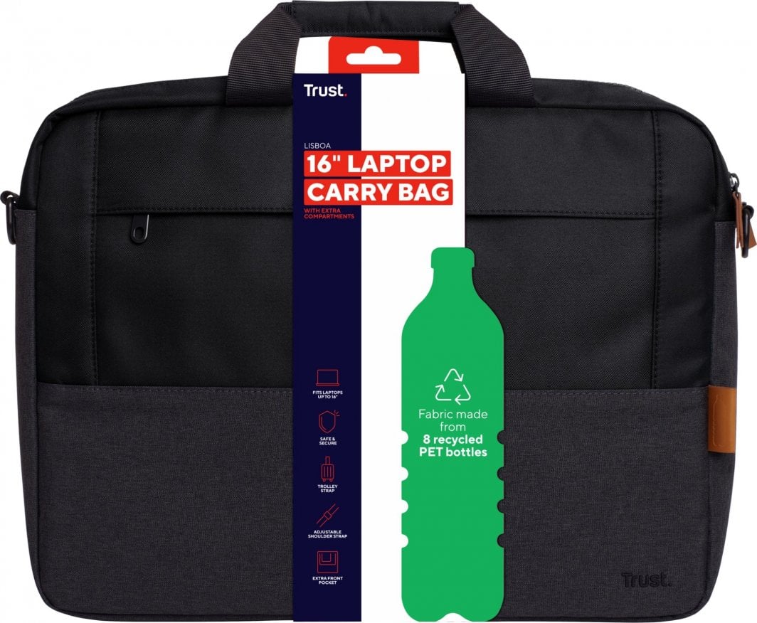 Çantë për laptop Trust Lisbon, 16", material i ricikluar, e zezë