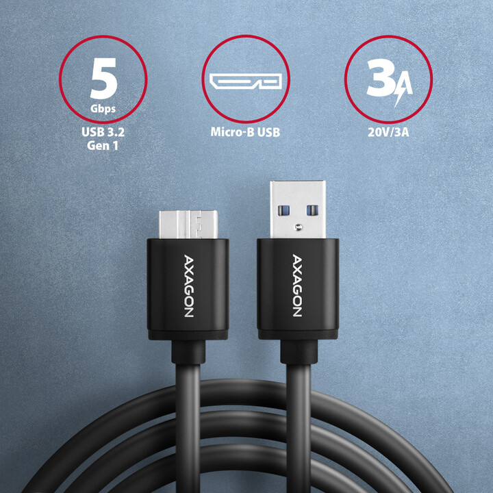 AXAGON кабел USB-A - micro USB 3.2 Gen 1 SPEED, 3A, 1m, црна