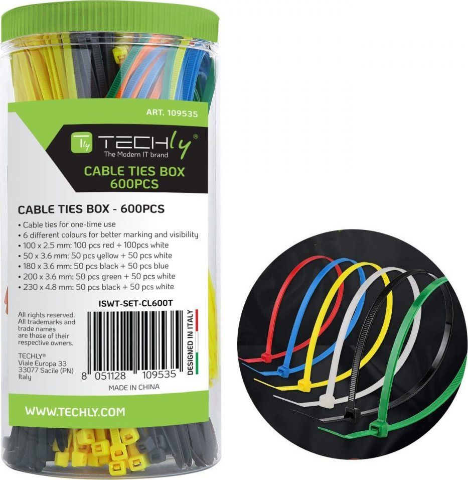 Set lidhëse kabllosh Techly ISWT-SET-CL600T, 600 copë, shumëngjyrëshe