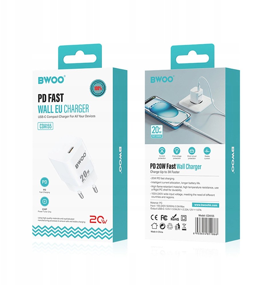 Karikues muri Bwoo CDA155, 20W PD, USB C, i bardhë