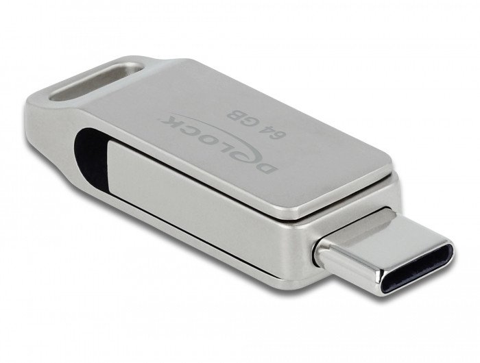 USB flash DeLOCK 54075, 64GB, USB 3.2 Gen 1, USB A dhe USB C, argjendi