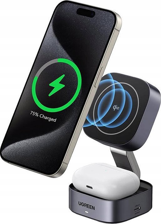 Stacion karikimi Ugreen 2 in 1 Qi2 Magnetic Foldable, me valë, i palosshëm, i zi