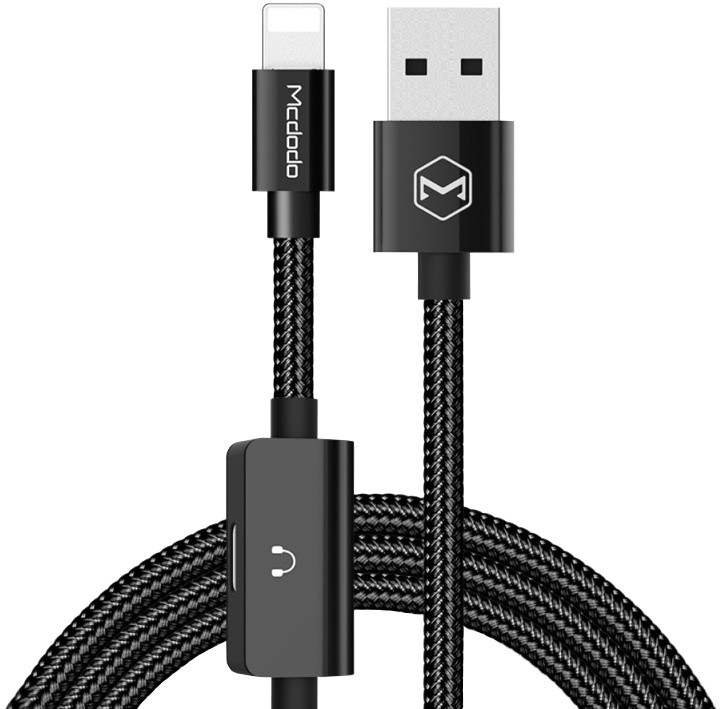 Kabllo Mcdodo MT, USB-A (M) në Lightning + përshtatës Lightning Audio, 1.2m, e zezë