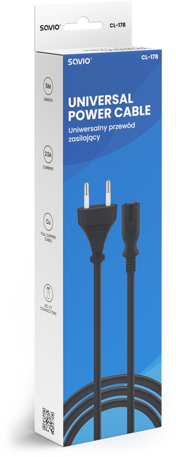 Кабел за струја Savio CL-178, 5m, IEC C7, црн