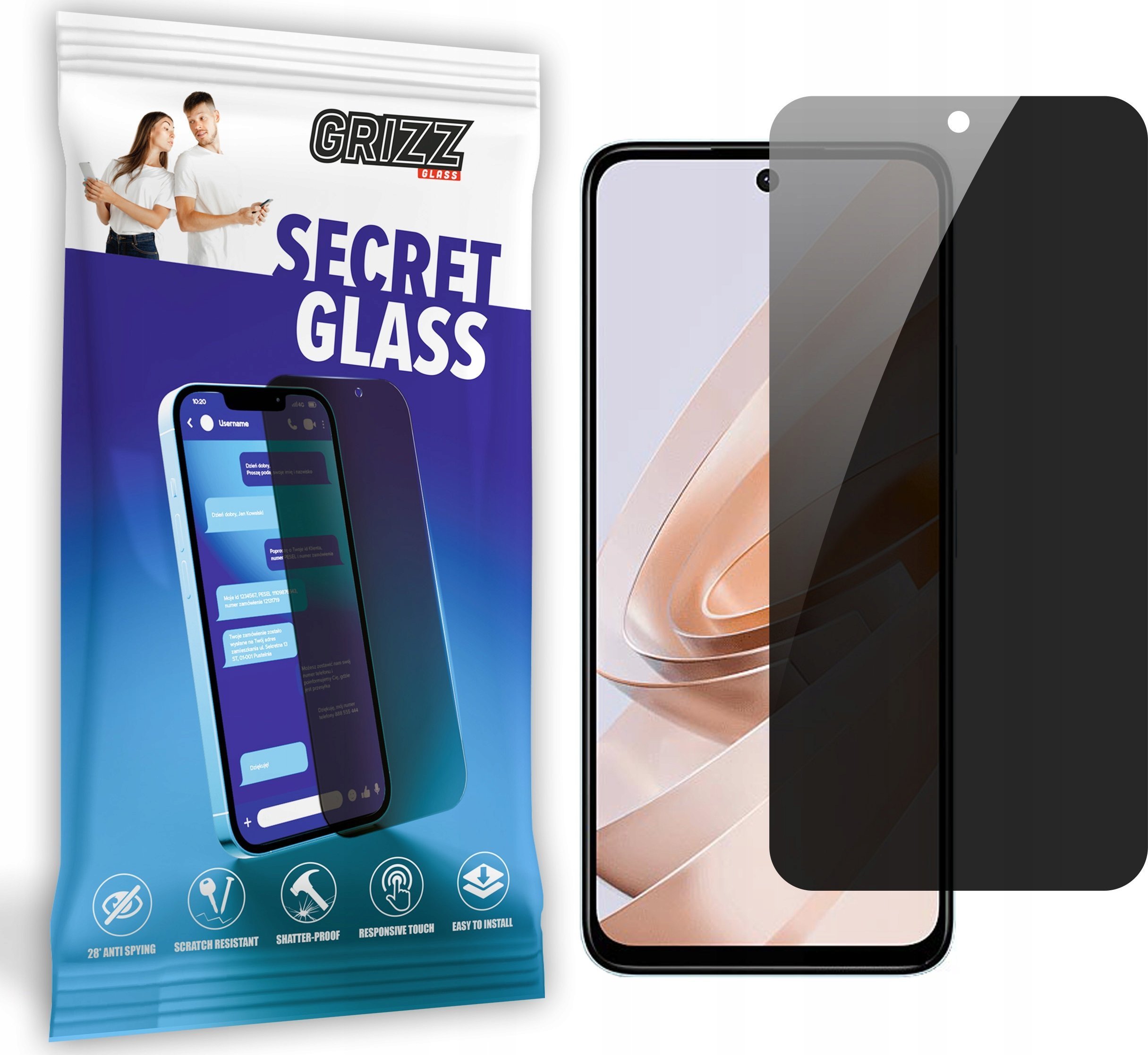Xham mbrojtës Grizz SecretGlass për Xiaomi Redmi Note 13R, efekt privatësie, i tejdukshëm