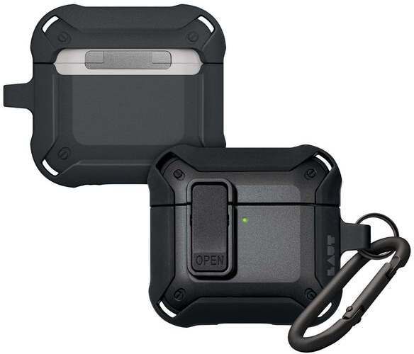 Kapak mbrojtës Laut Zentry për AirPods Gen 4, mbyllje me bllokim sigurie, dizajn industrial, gri