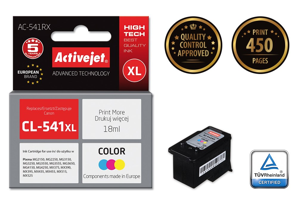 Ngjyrë për printer Activejet AC-541RX (zëvendësim për Canon CL-541 XL), 18 ml, e kaltër / vjollcë /  e verdhë