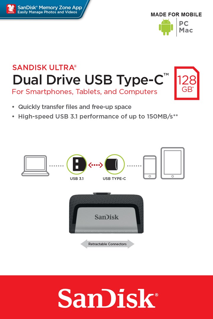 USB Sandisk Ultra Dual Drive, 128 GB, USB Type-A / USB Type-C