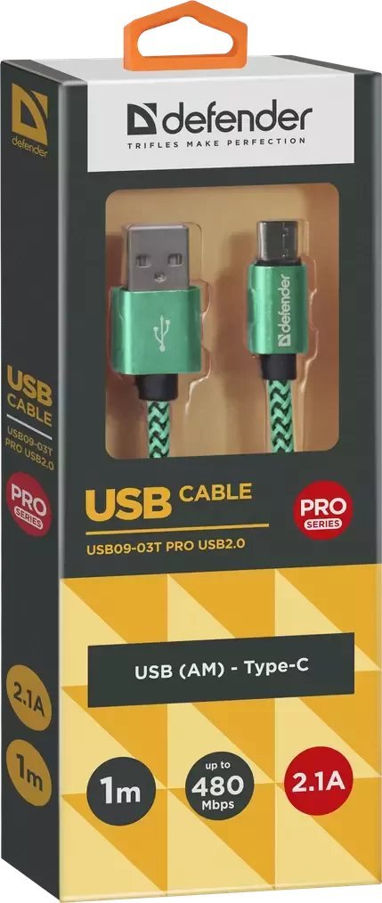USB кабел Defender 87816, USB-A во USB-C, 1 m, зелен