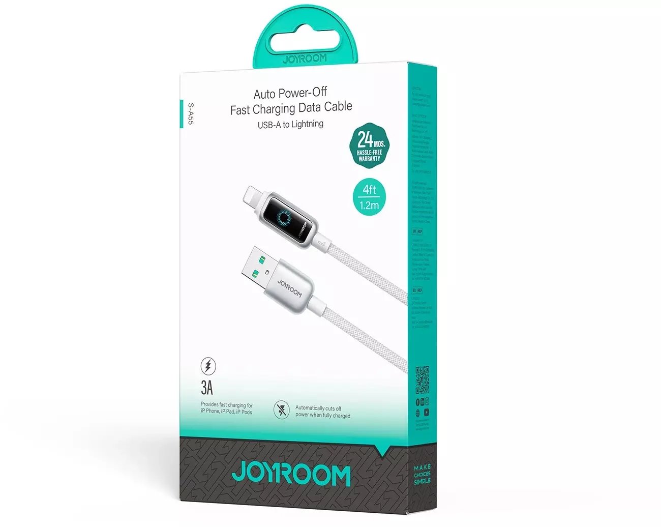 Kabllo USB Joyroom S-CL020A, USB A në Lightning, 3A, 1.2m, e bardhë