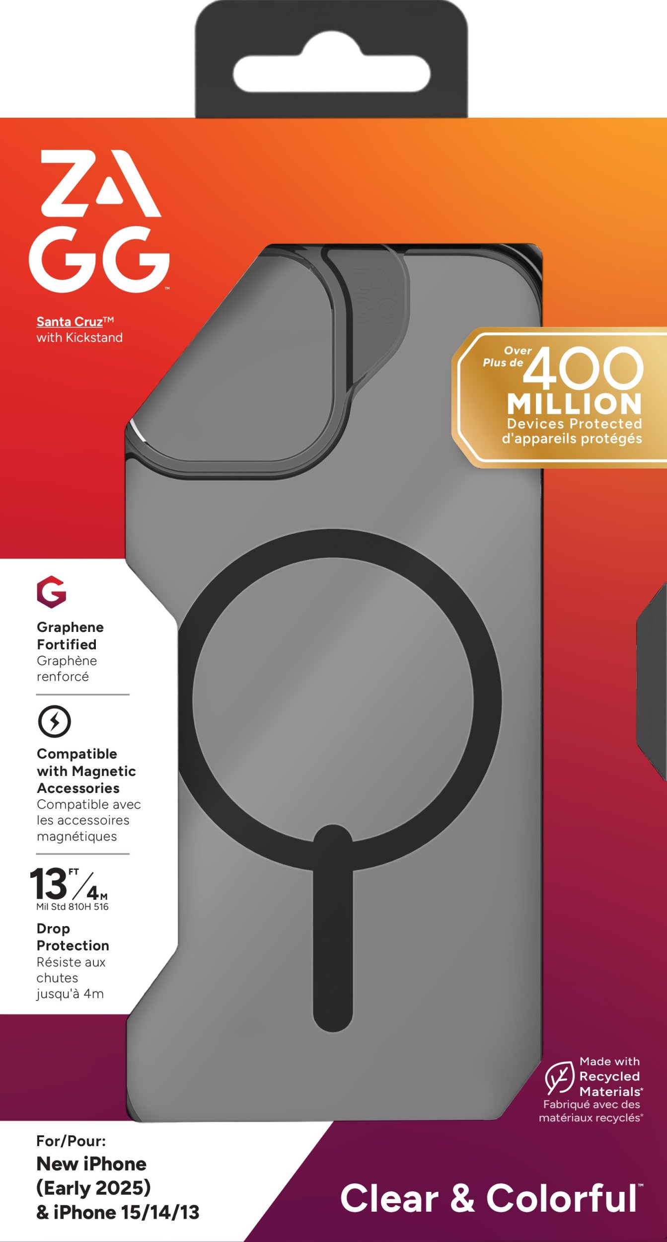 Mbështjellës telefoni ZAGG Santa Cruz, për iPhone 16e 15 14 13, transparent me kornizë të zezë