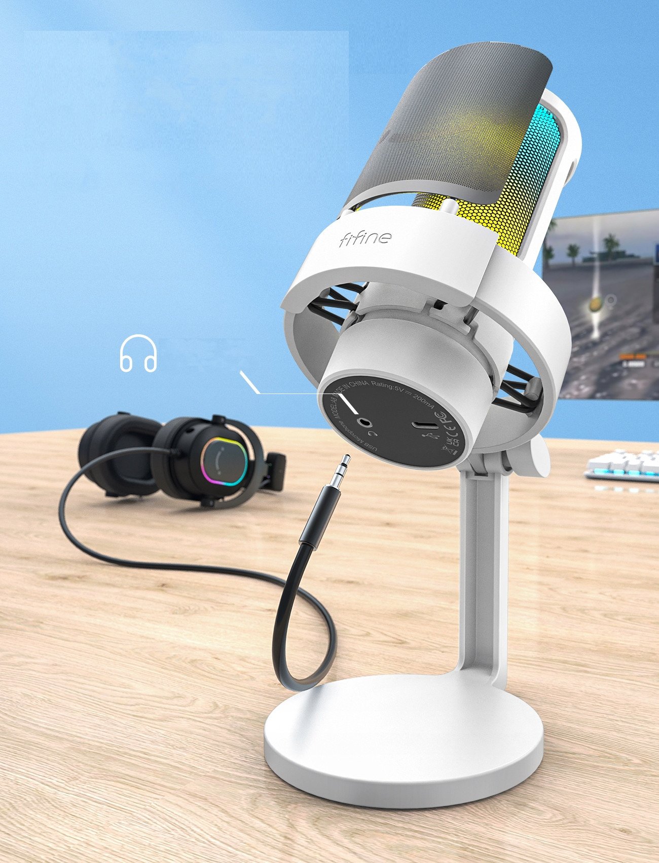 Mikrofon studio Fifine A8 RGB, USB, për streaming, i bardhë