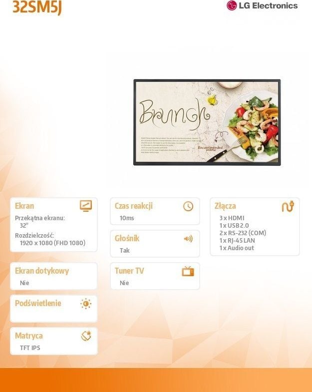 Monitor LG Full HD Standard Signage, 32", 1920 x 1080 px, IPS, 400 cd/m², 10 ms, 178°/178°, HDMI, USB, RJ-45, i zi