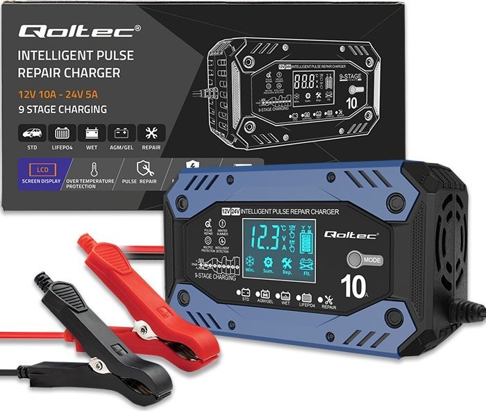 Karikues baterie Qoltec, 12 24V, 10A, me funksion riparimi, me ekran LCD