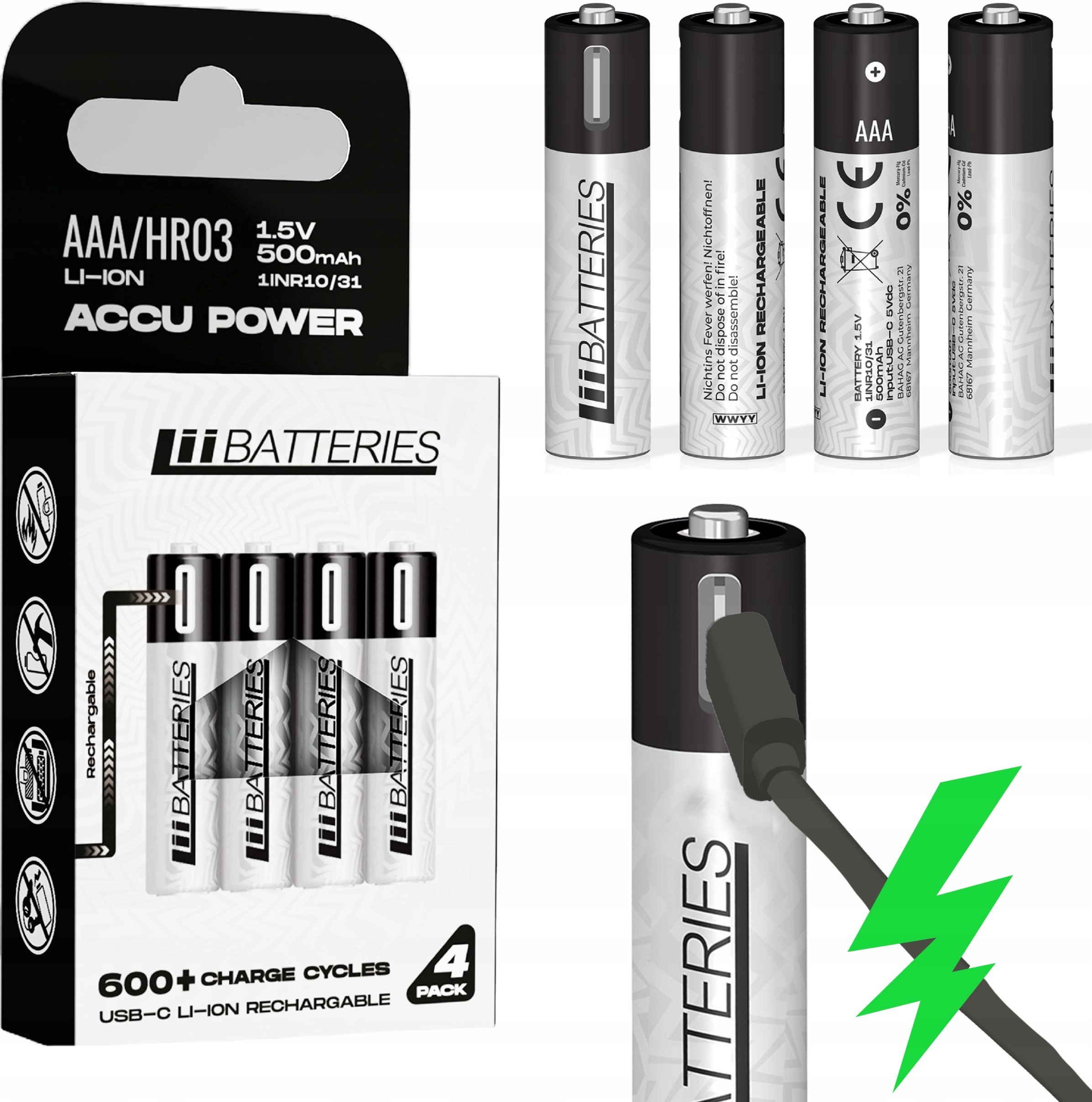 Bateri rikarikueshme AAA LiiBattaries Powerful, 500mAh 1.5V, USB-C, set 4 copë