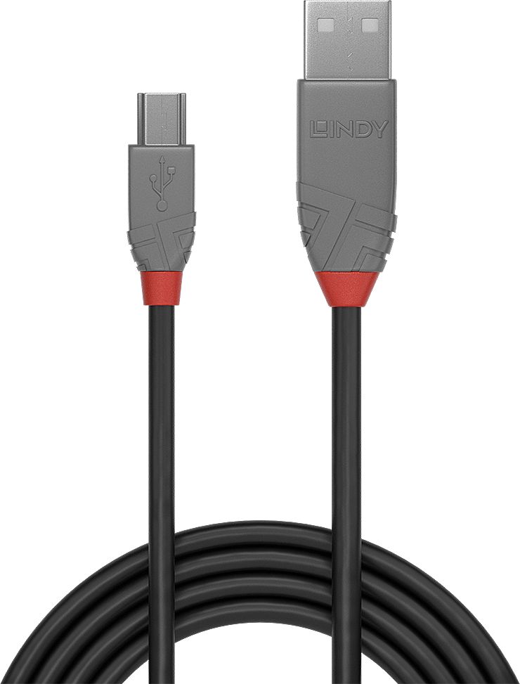 Kabllo USB Lindy Anthra Line, USB A në miniUSB, 2 m, gri