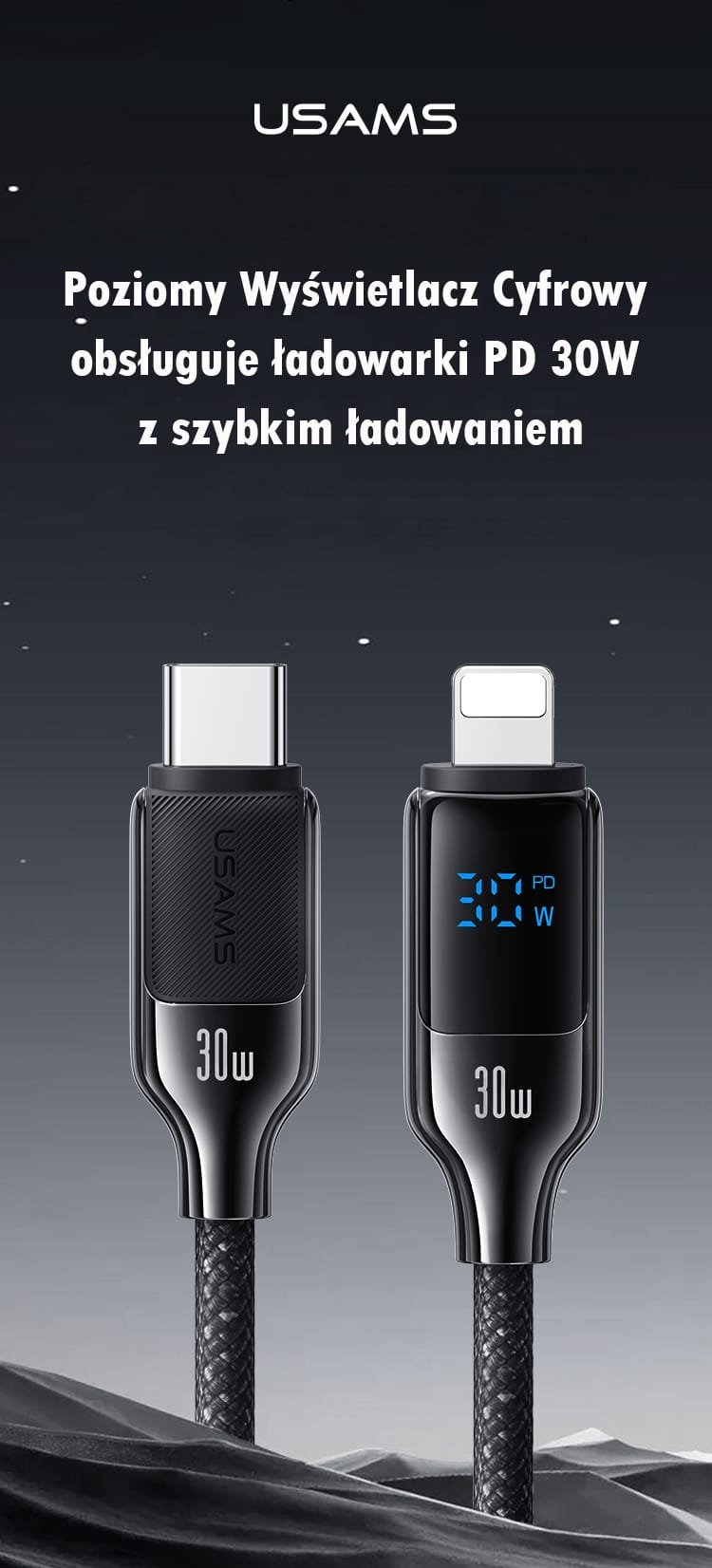 USB-C во лајтнинг кабел Usams HX, 1.2m, 30W, со дигитален екран