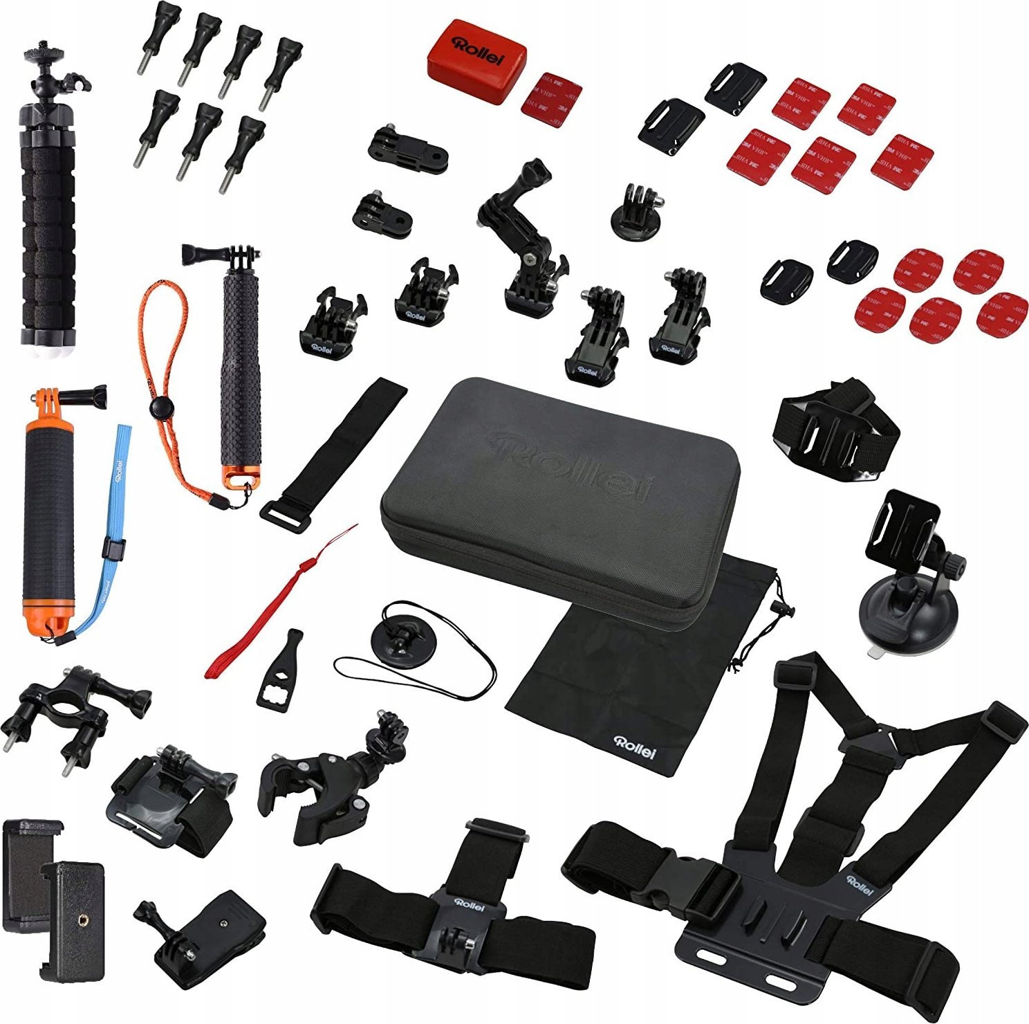 Set aksesorësh për kamera aksion Rollei Sport XL, 49 pjesë, për GoPro, i zi