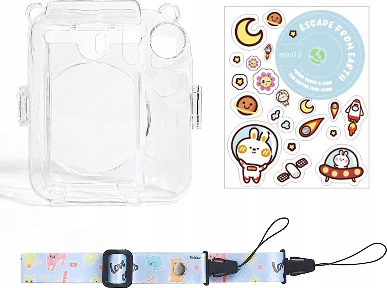 Këllëf për kamera LoveInstant për Fujifilm Instax Mini 12, me varëse, transparant Escape From Earth