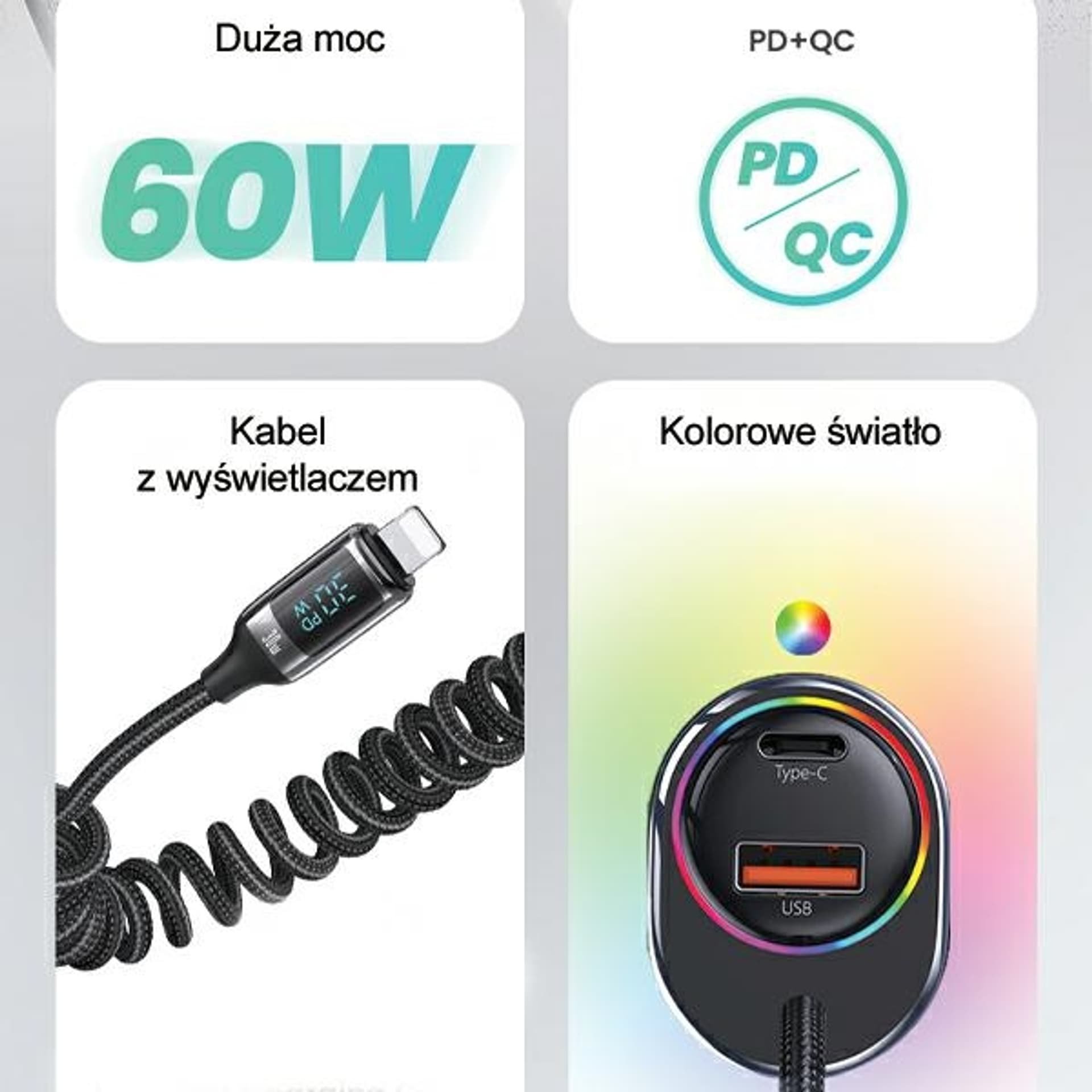 Karikues veture Usams C37, 60W, 1x USB 1x USB C, kabllo Lightning 30W PD QC, i zi