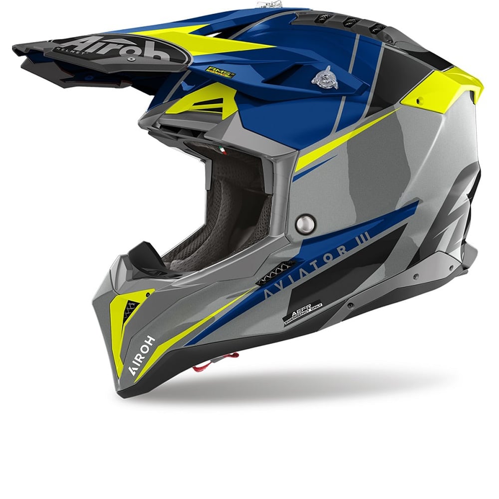 Helmetë motocross Airoh Aviator 3 Push, fibra karboni, madhësia L, gri blu neon e verdhë e zezë