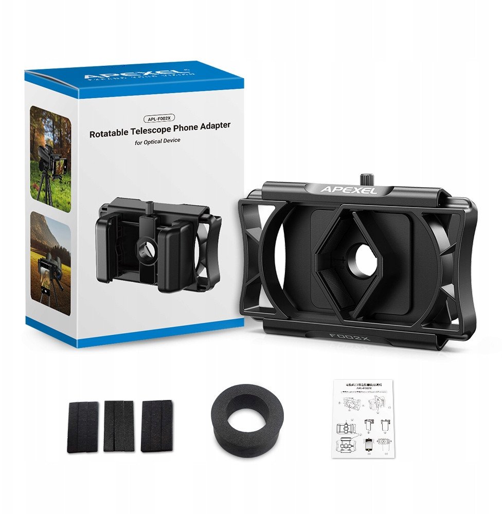 Адаптер за телефони Апексел, за двоглед и телескоп, ротирање 360°, црн