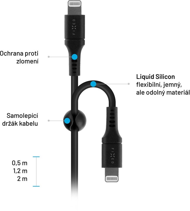 Kabllo për të dhëna dhe karikim FIXED USB-C - Lightning, MFi, PD, 2 m, e zezë