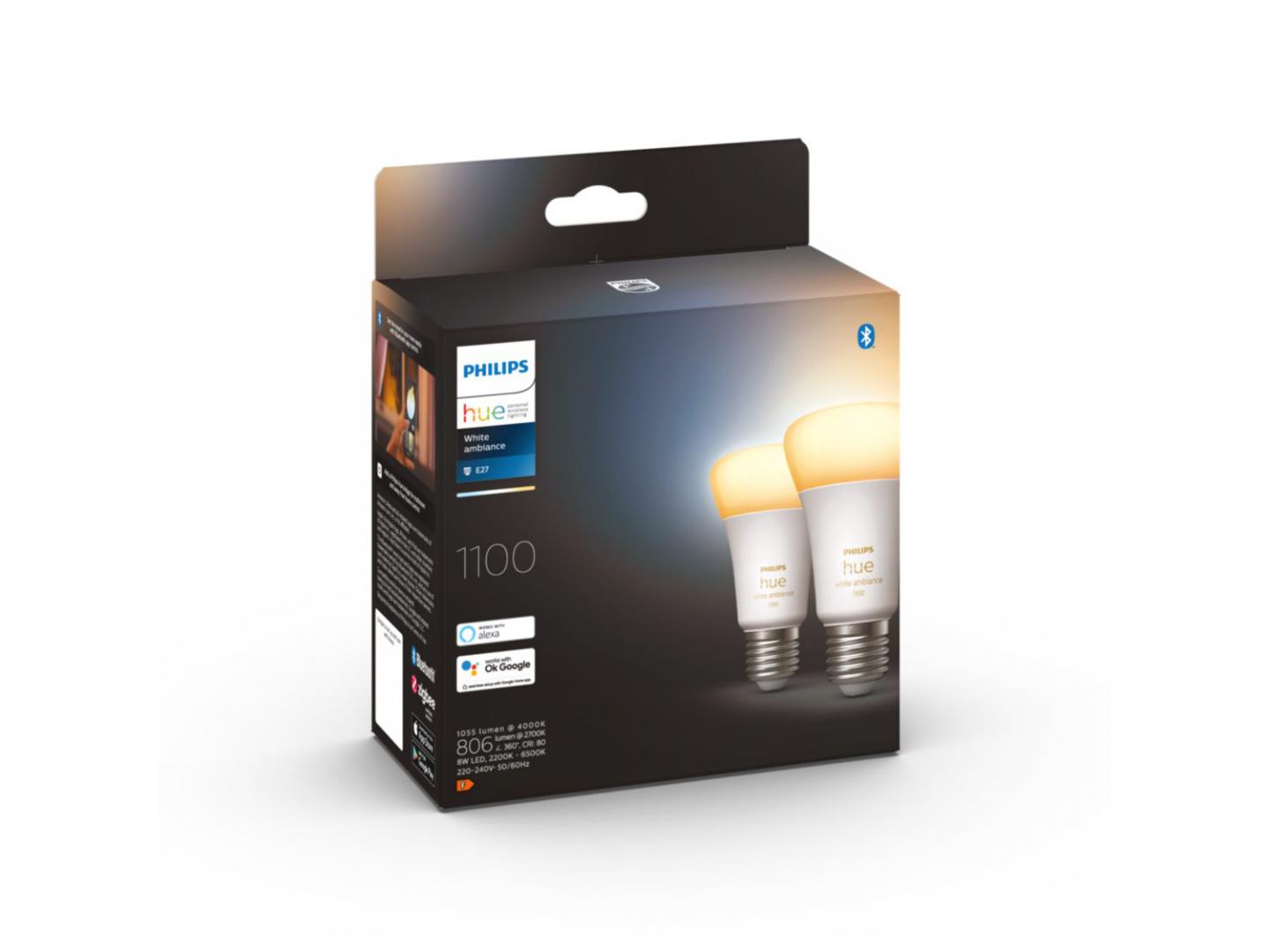 Llamba inteligjente Philips Hue E27, 8W LED, Bluetooth, set 2 copë, dritë e bardhë e rregullueshme