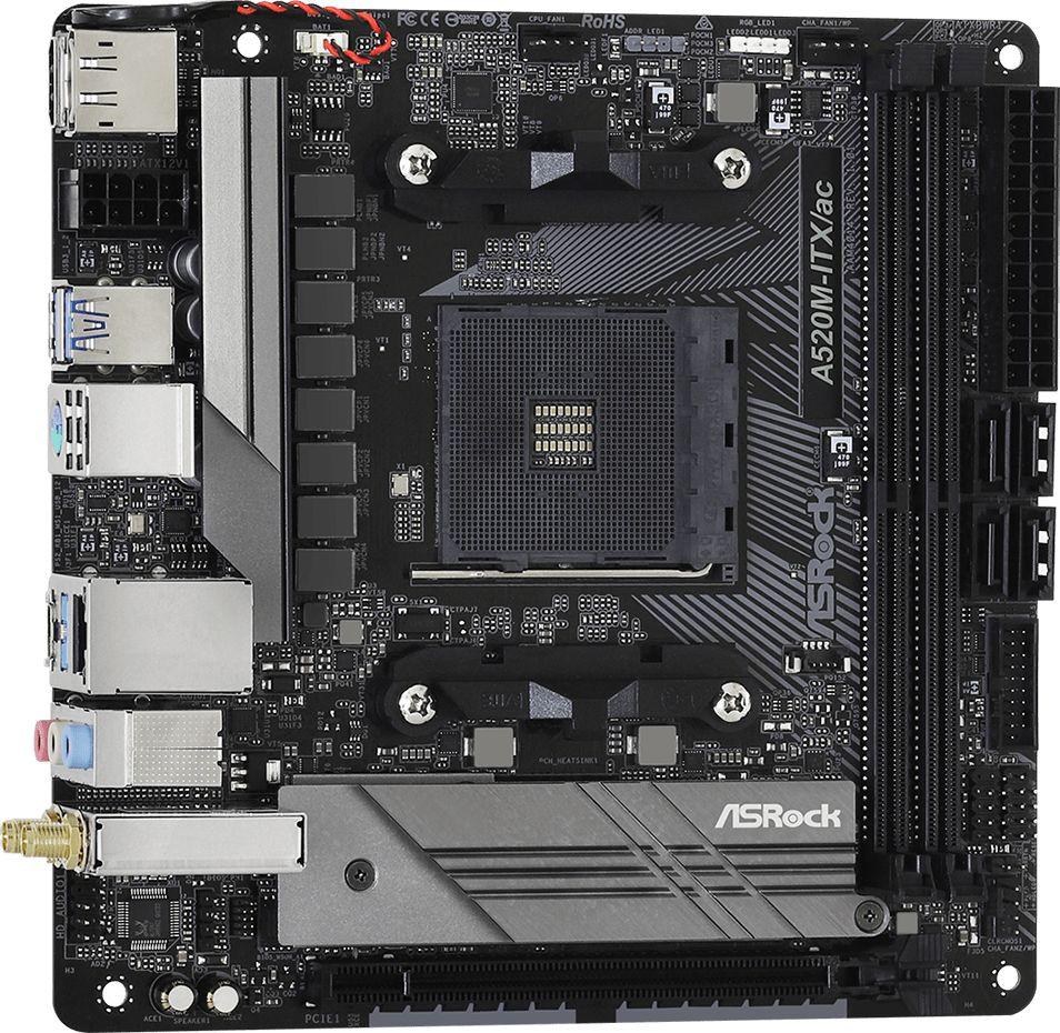 Матична плоча ASRock A520M-ITX/AC, AMD A520, Socket AM4, 2 слотови, Bluetooth / Wi-Fi 5, Mini ITX