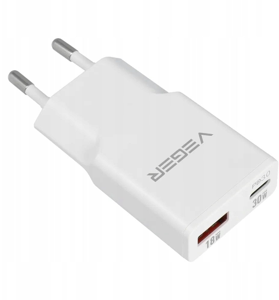 Karikues muri VEGER 30W1A1C, USB A, USB C PD QC 3.0, i bardhë