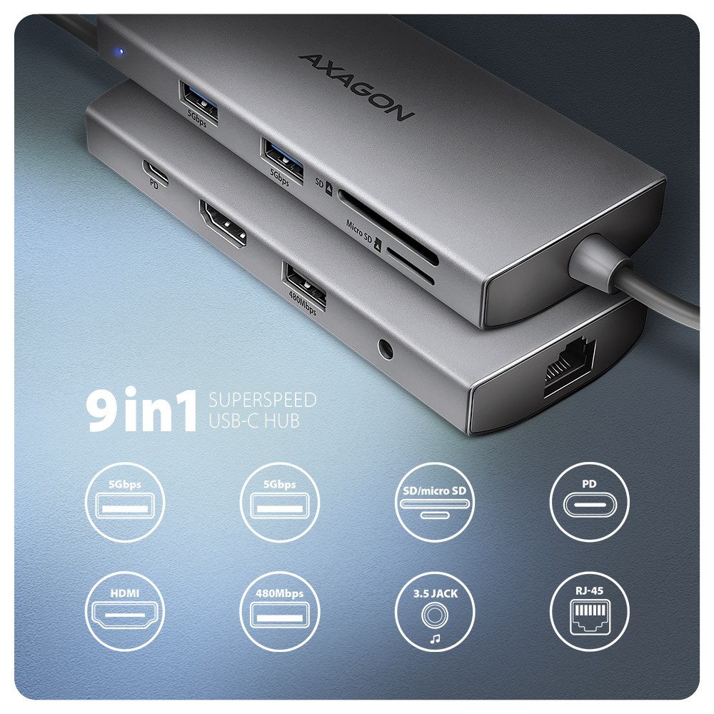 Stacion lidhës Axagon HMC-8HLSA, USB-C, 9-në-1, 4K@60Hz, i hirtë