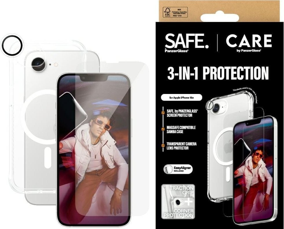 Заштитен сет за телефон CARE by PanzerGlass Fashion 3 in 1, отпорен на кршење, проѕирен