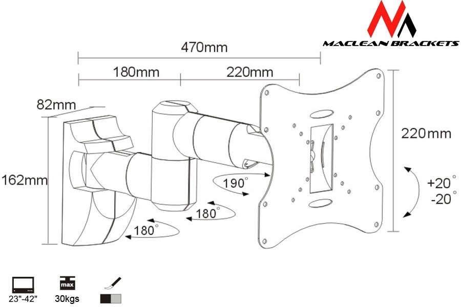 Mbajtëse muri për TV Maclean, 23-42", 30 kg, e argjendtë