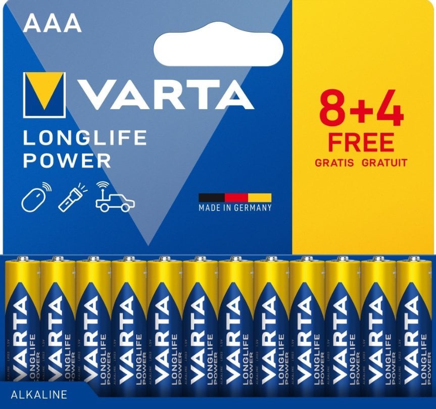 Bateri alkaline Varta Longlife Power AAA, set 12 copë, 1.5V