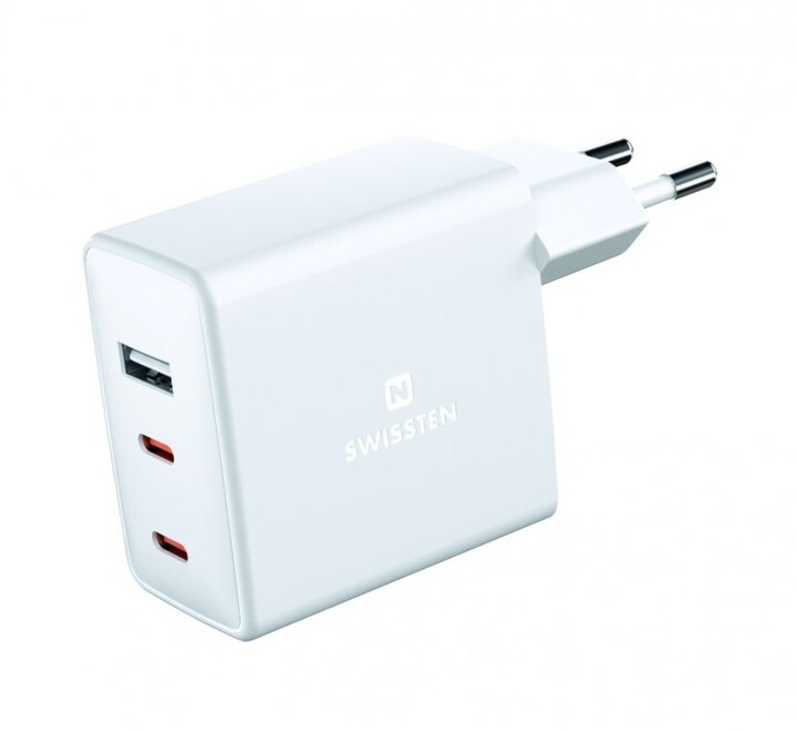Karikues SWISSTEN GaN, USB-A, 2x USB-C, 70W, i bardhë