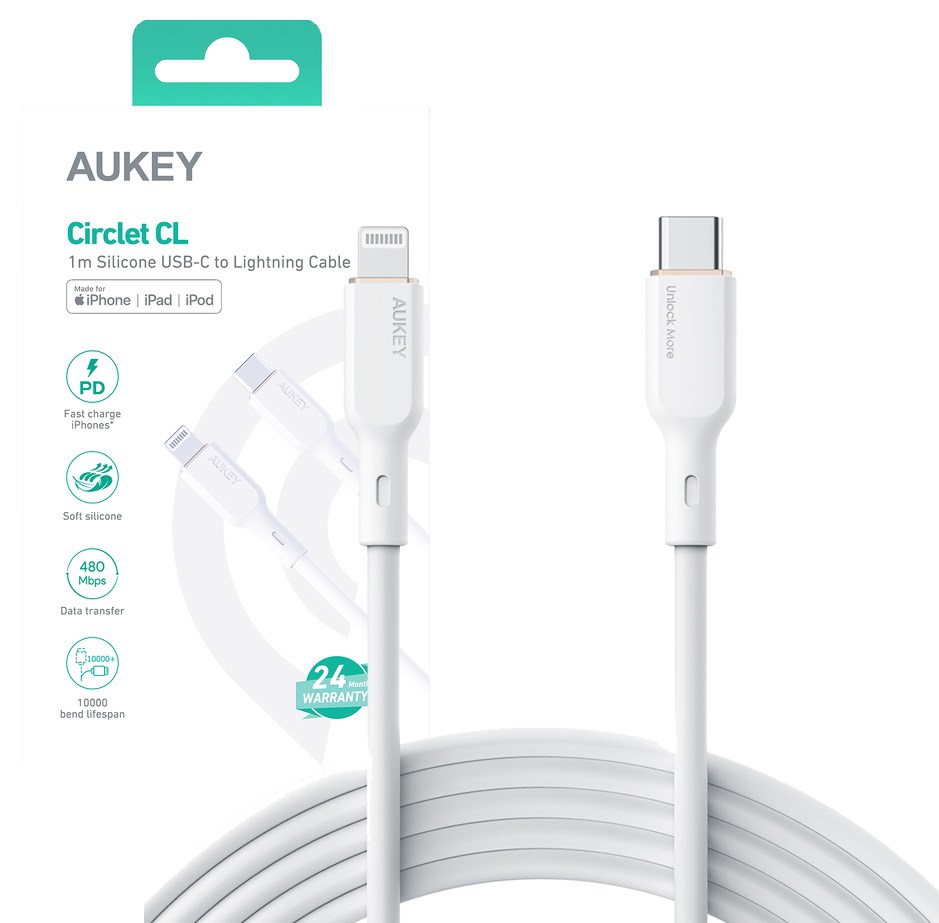 Kabllo Aukey, Lightning / USB C, 1.8 m, e bardhë, e zezë