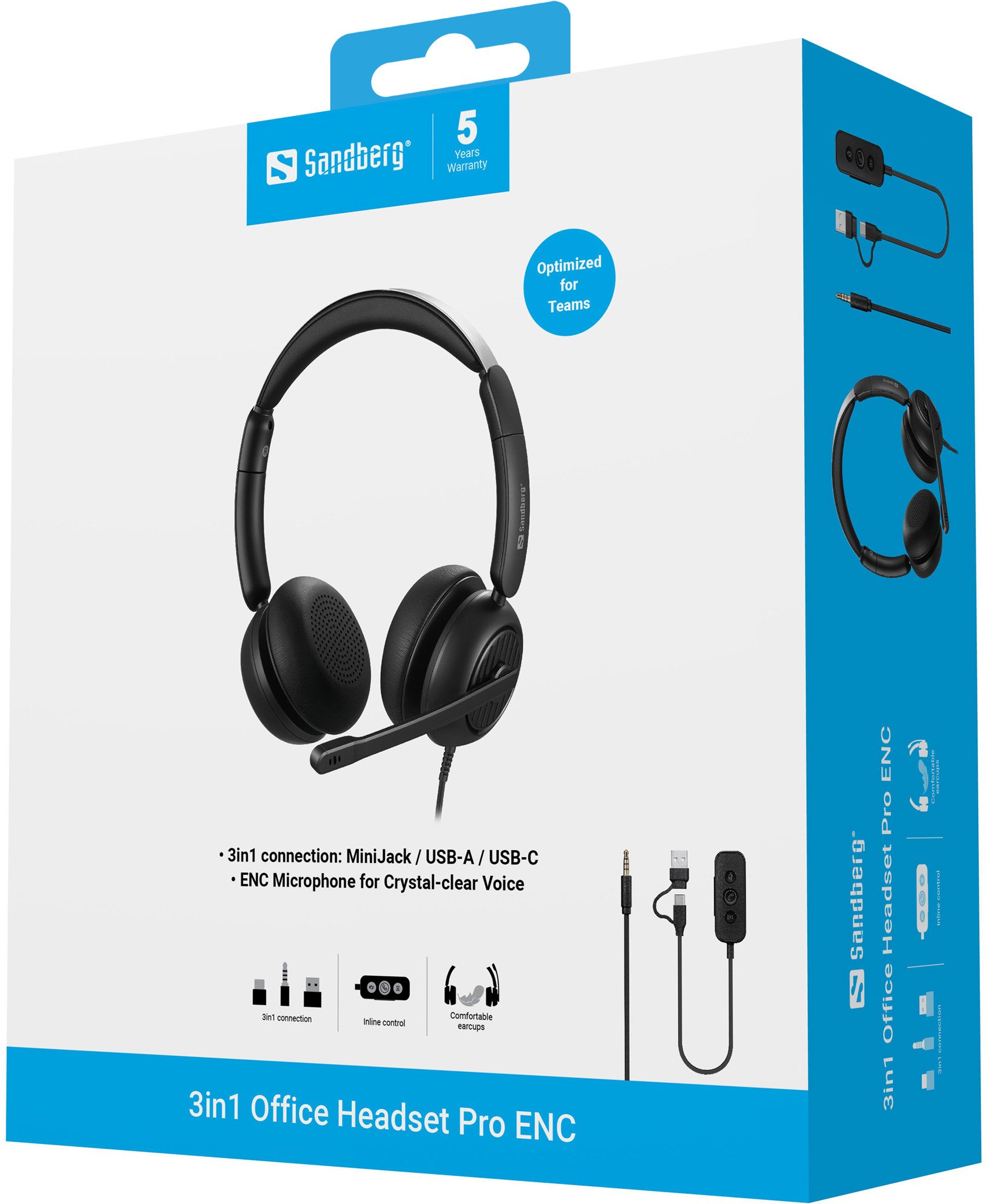 Kufje Sandberg 3in1 Office Headset Pro ENC, me mikrofon, lidhje 3.5mm USB A USB C, të zeza