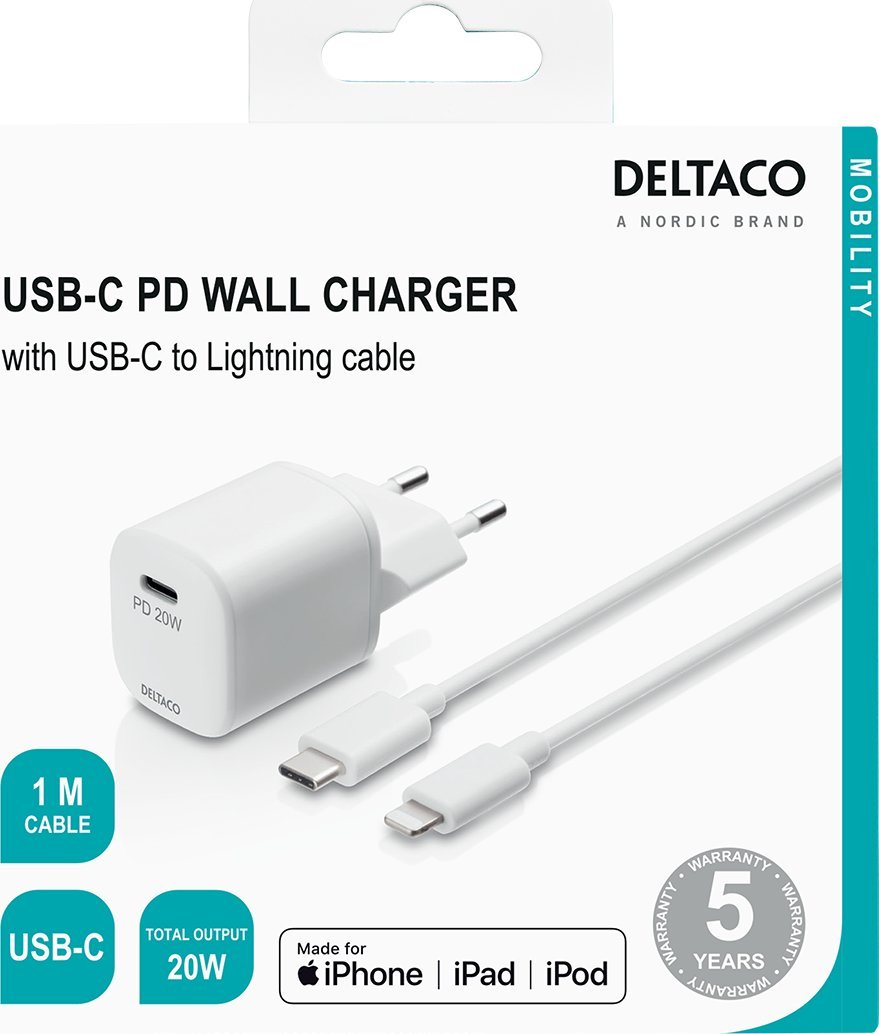 Karikues muri DELTACO USB, USB C PD 20W, 3A, i bardhë