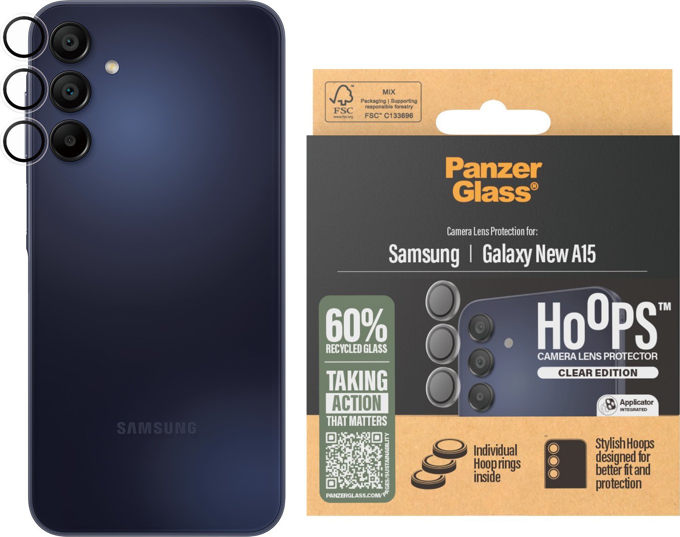 Заштитно стакло за леќи PanzerGlass Hoops, за Samsung Galaxy A16, проѕирно стакло